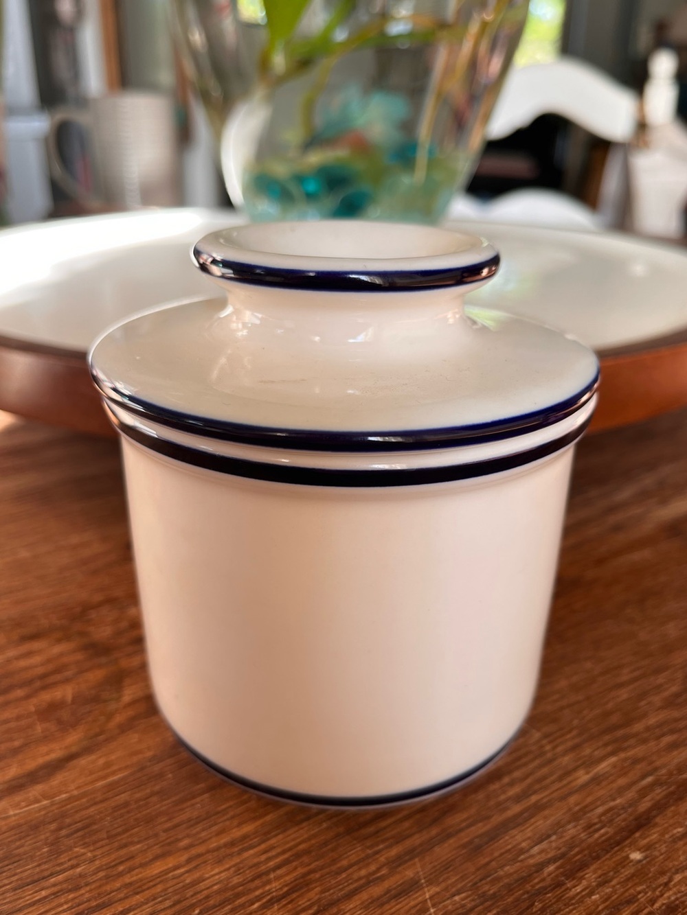 White Ceramic Butter Bell Crock with Navy Trim